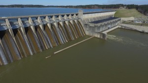 East side of spillway with powerplant and lake