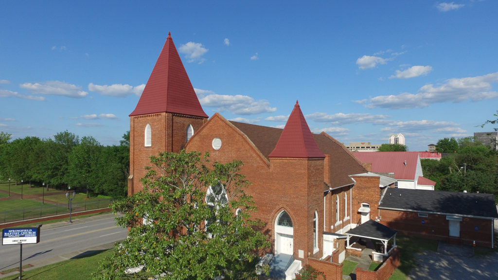 Front right corner view of Springfield Baptist Church Imaged from the level of the lower steeple.