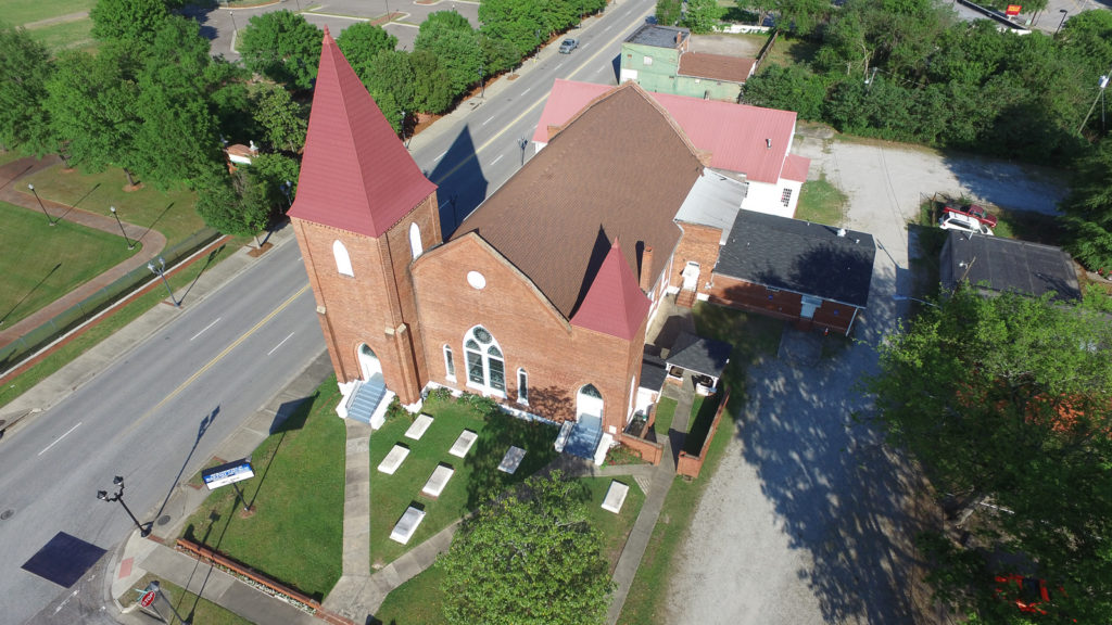 This view is also from about 100 feet above ground level showing the 1801 Springfield Baptist church in the back and the 1897 addition in the front.